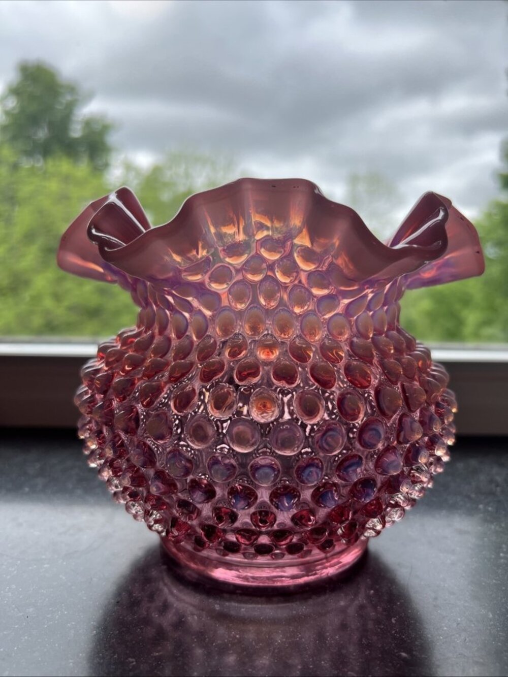1950's Fenton Hobnail Cranberry Pink Opalescent Vase Bowl Ruffle Crimp EUC